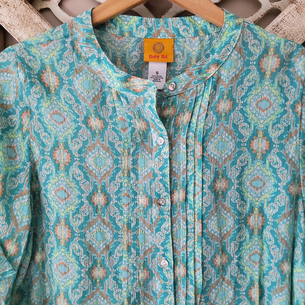 Ruby Rd Ikat Ruffle Sleeve Blouse Small Boho Retro Lightweight Top - Picture 9 of 12